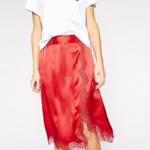 The Kooples Paris Red Satin Split Skirt Size 4-6